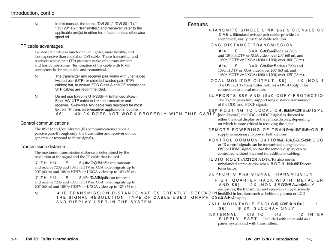 Extron electronic DVI 201 Rx, DVI 201 Tx Introduction, cont’d, Features, TP cable advantages, Control communications 