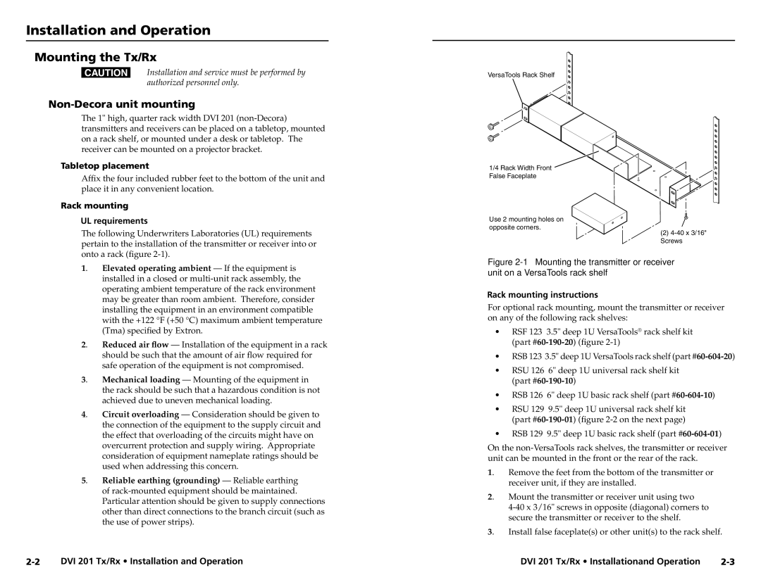 Extron electronic DVI 201 Rx, DVI 201 Tx Installation and Operation, Mounting the Tx/Rx, Non-Decora unit mounting 