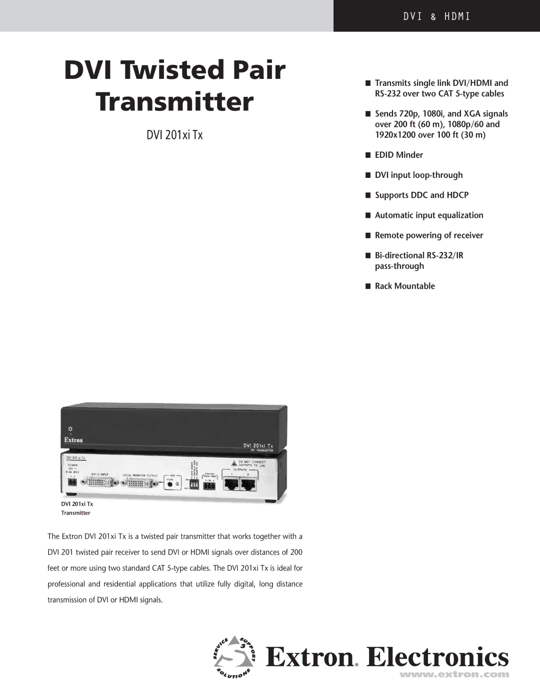 Extron electronic DVI 201xi Tx manual DVI Twisted Pair Transmitter, DVi 201xi Tx 