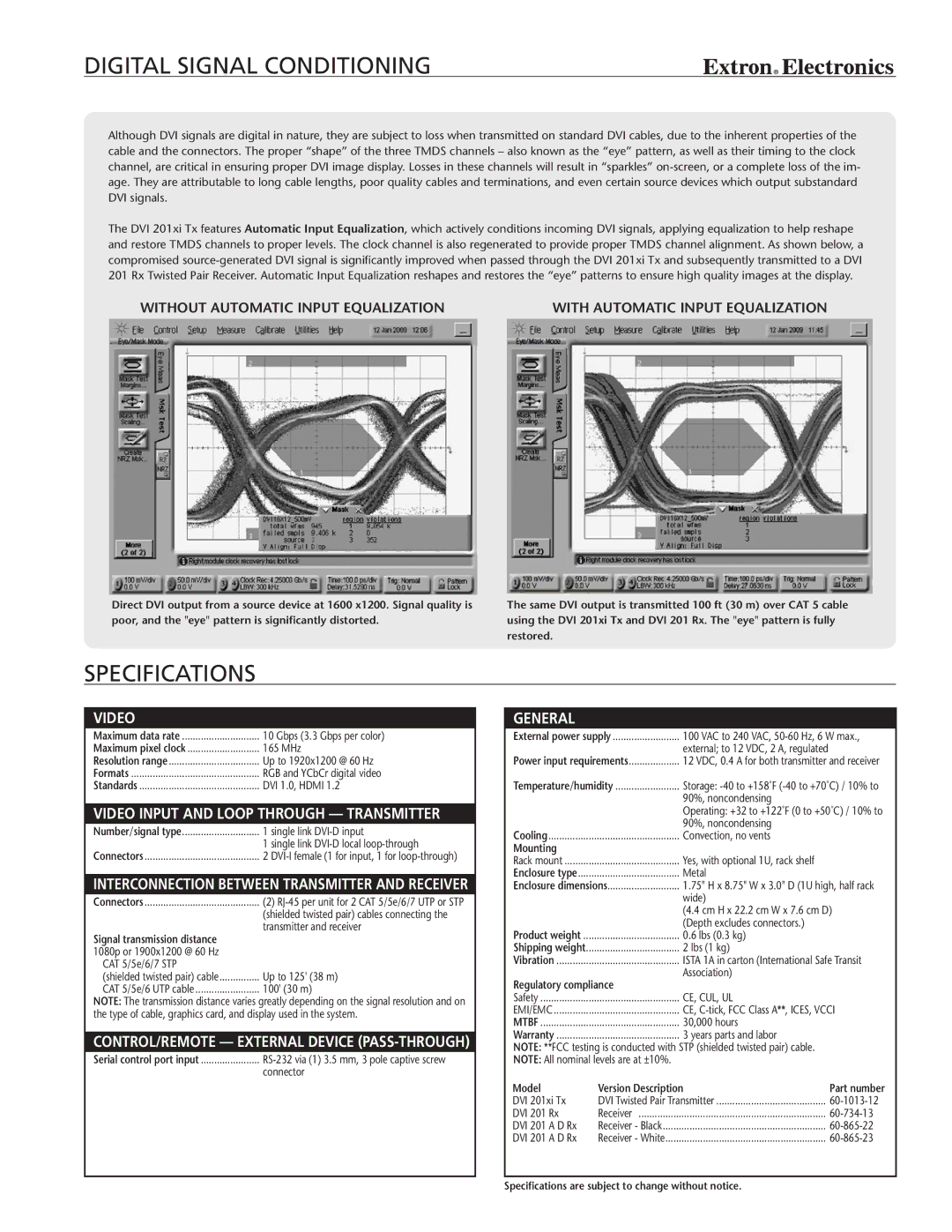 Extron electronic DVI 201xi Tx manual Digital Signal Conditioning, Specifications 