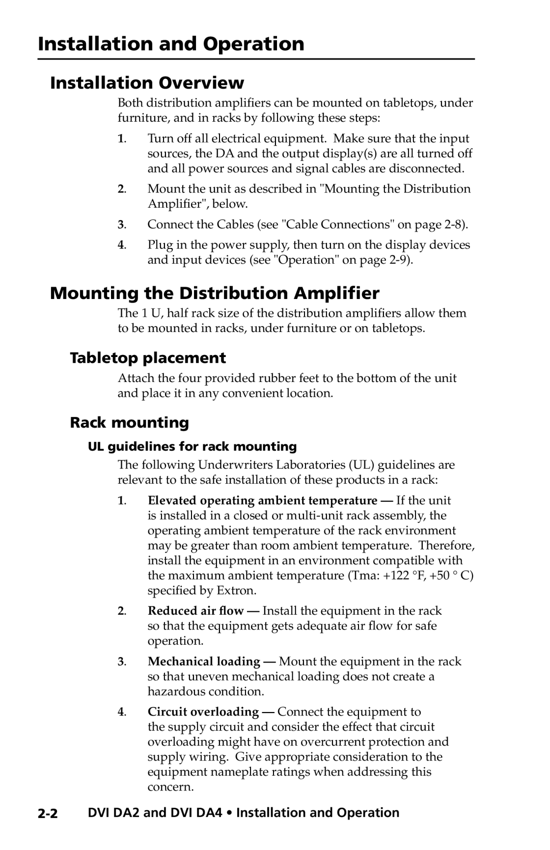 Extron electronic DVI DA2 Installation Overview, Mounting the Distribution Amplifier, Tabletop placement, Rack mounting 