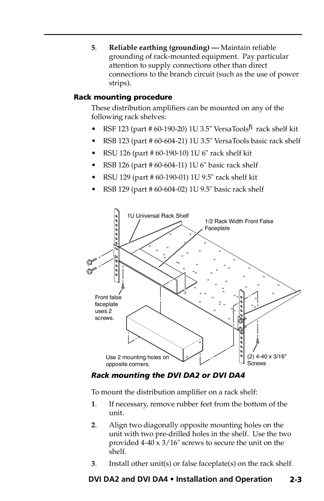 Extron electronic user manual Rack mounting procedure, Rack mounting the DVI DA2 or DVI DA4 