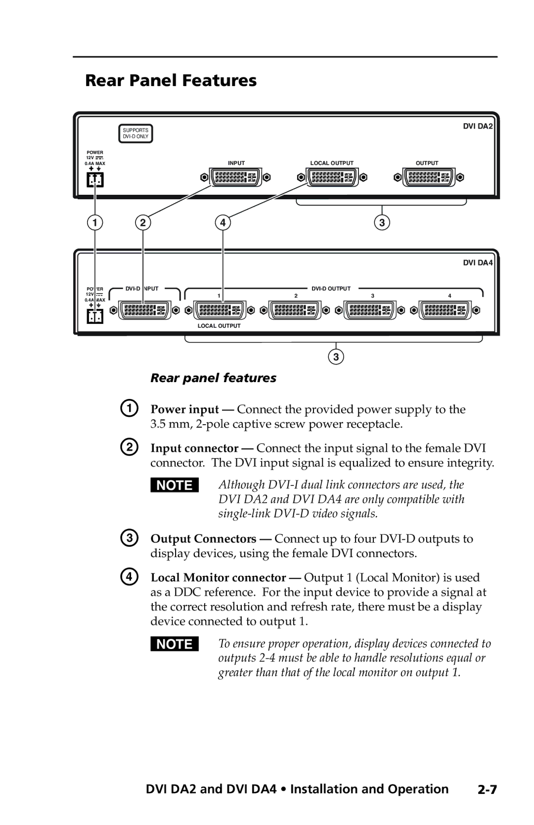 Extron electronic DVI DA4, DVI DA2 user manual Rear Panel Features 