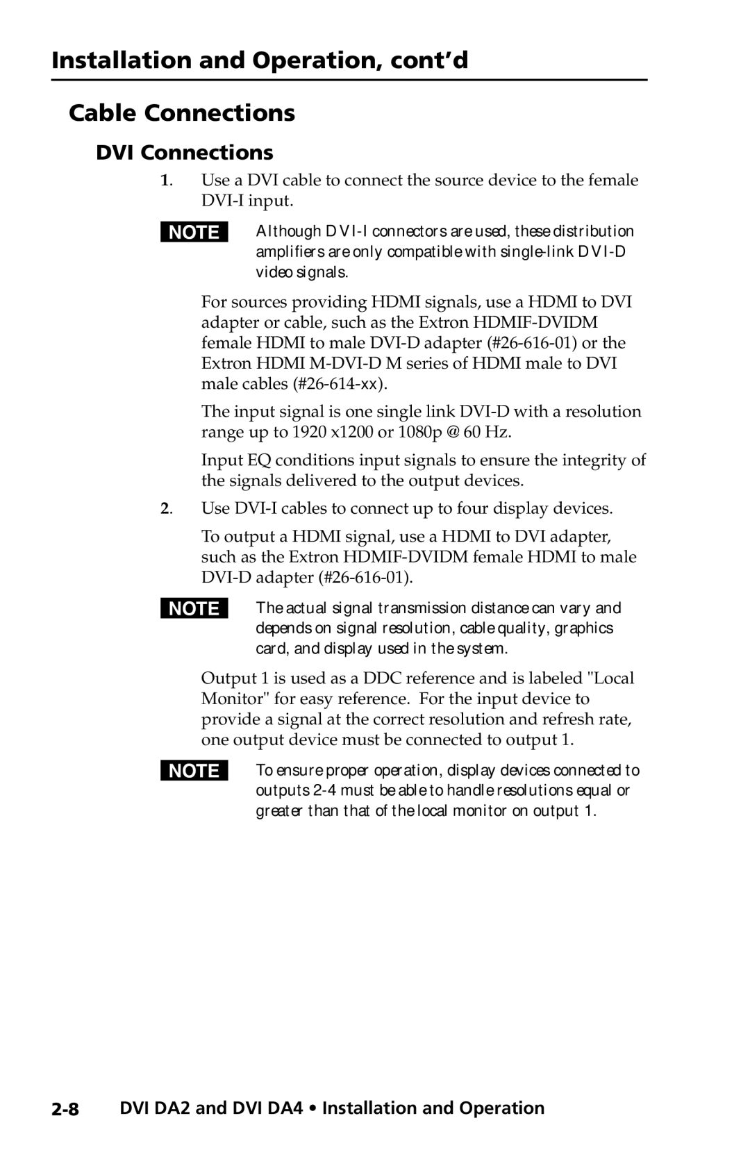 Extron electronic DVI DA2, DVI DA4 user manual Installation and Operation, cont’d Cable Connections, DVI Connections 