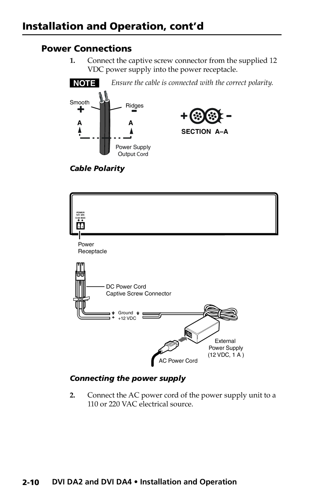 Extron electronic DVI DA2, DVI DA4 user manual Power Connections, Cable Polarity 