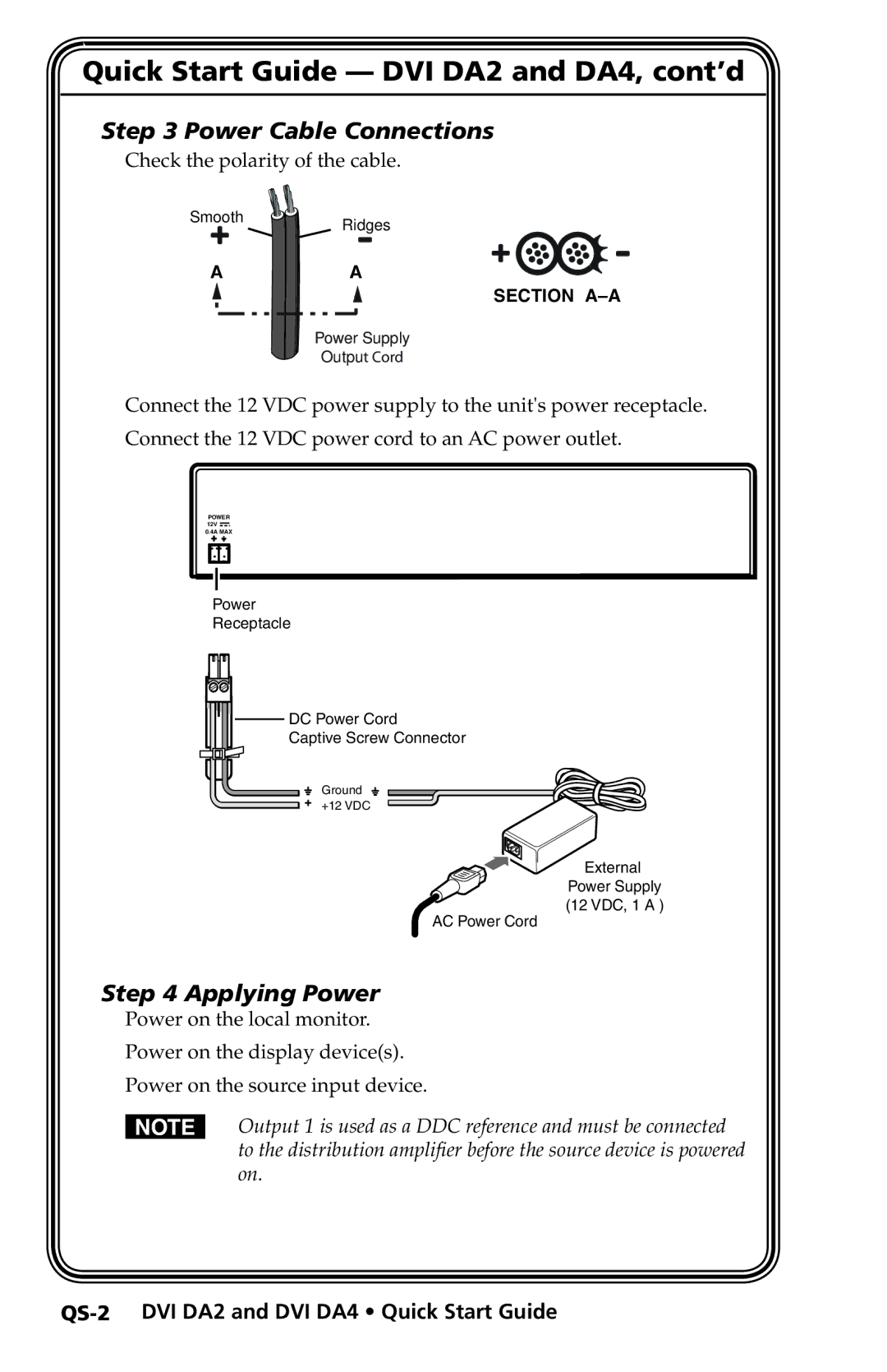 Extron electronic DVI DA4 user manual Quick Start Guide -­ DVI DA2 and DA4, cont’d, Power Cable Connections 