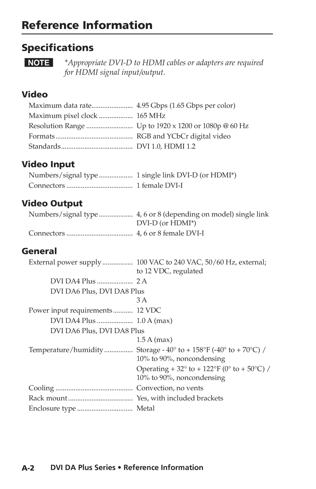 Extron electronic DVI DA Plus Series, DVI DA6 Plus, DVI DA8 Plus, DVI DA4 Plus manual Reference Information, Specifications 