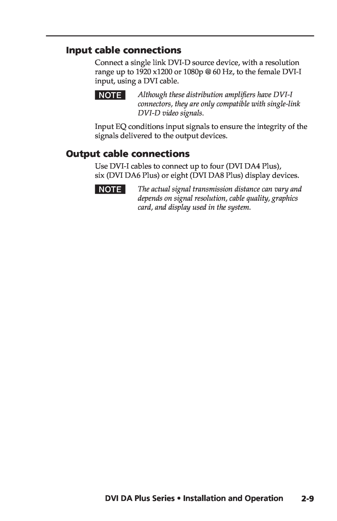 Extron electronic DVI DA8 Plus, DVI DA6 Plus, DVI DA Plus Series manual Input cable connections, Output cable connections 
