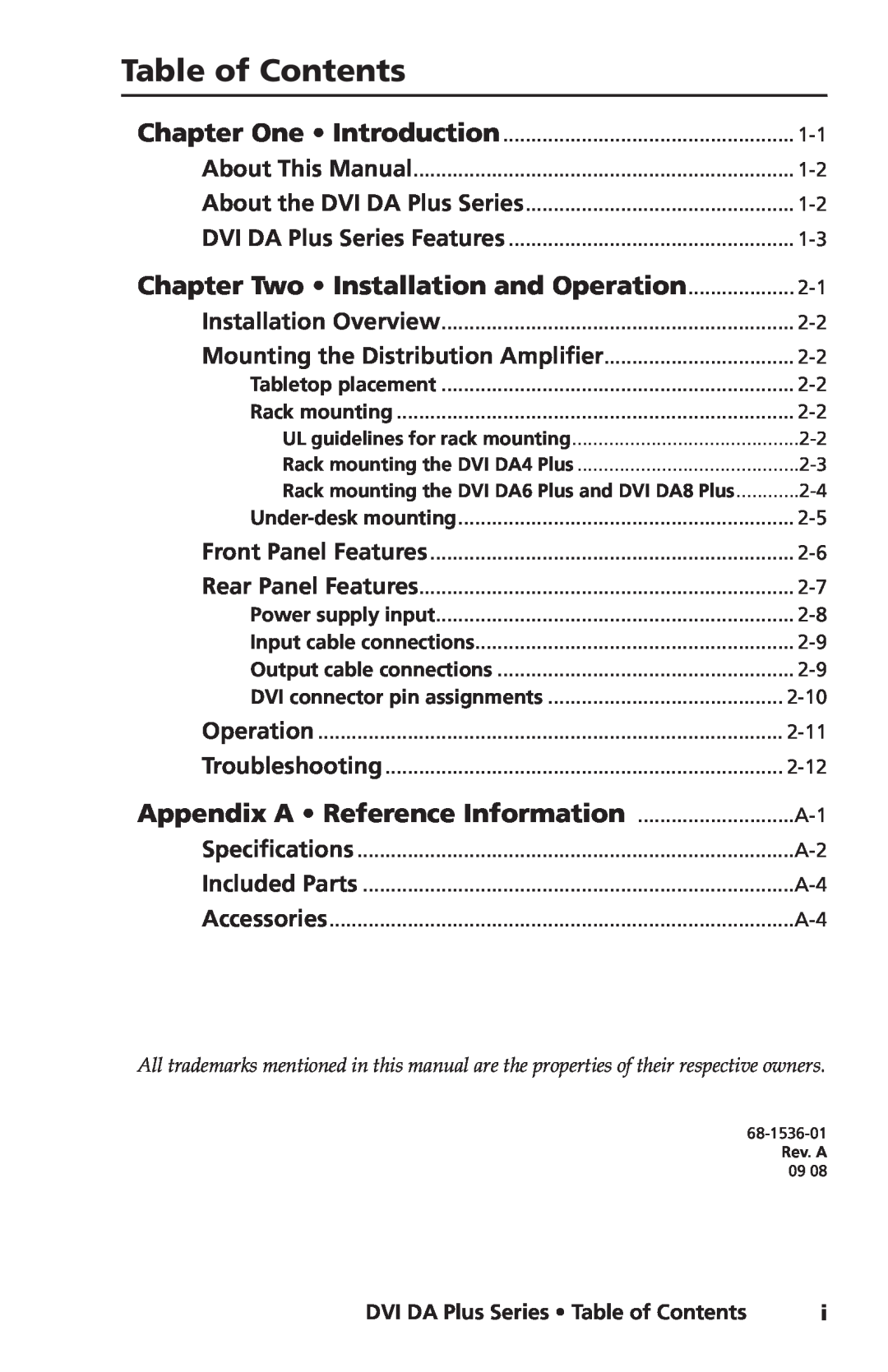 Extron electronic DVI DA4 Plus Table of Contents, Chapter Two Installation and Operation, Appendix A Reference Information 