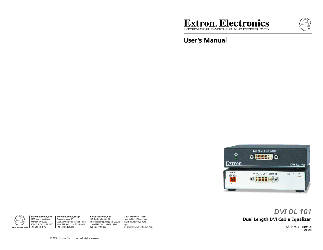 Extron electronic DVI DL 101 user manual User’s Manual, Dual Length DVI Cable Equalizer 