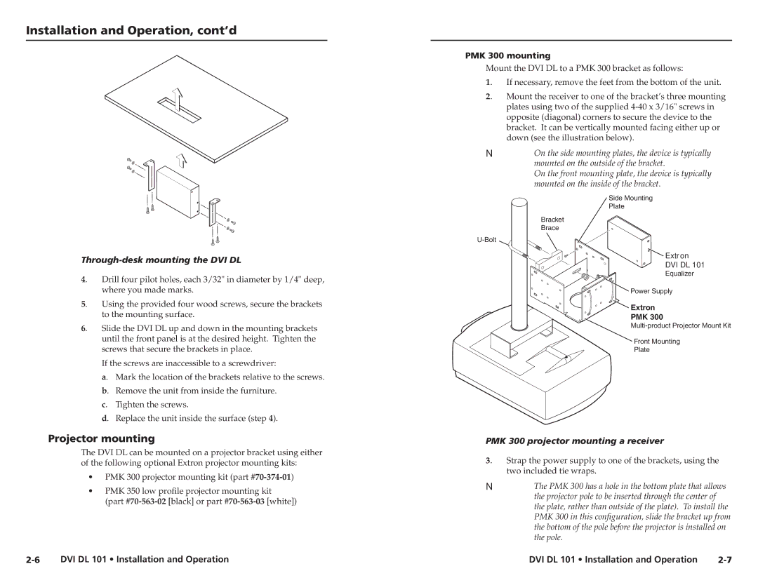 Extron electronic DVI DL 101 user manual Projector mounting, Through-desk mounting the DVI DL, PMK 300 mounting 