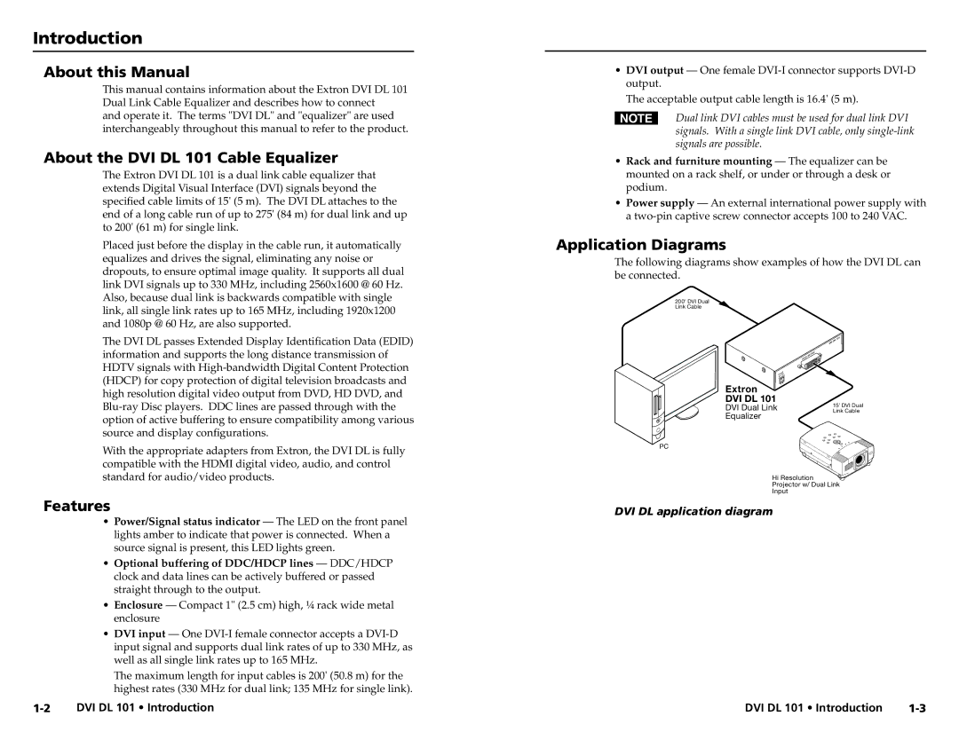 Extron electronic Introduction, About this Manual, About the DVI DL 101 Cable Equalizer, Features, Application Diagrams 