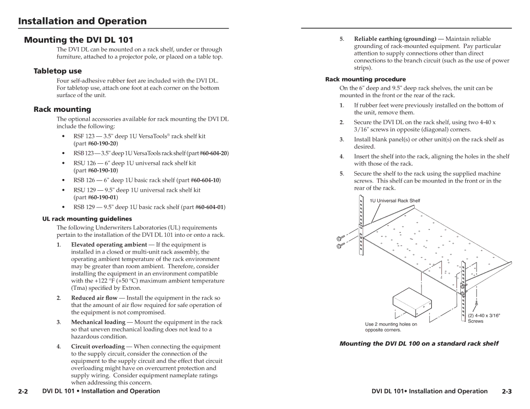 Extron electronic DVI DL 101 user manual Installation and Operation, Mounting the DVI DL, Tabletop use, Rack mounting 