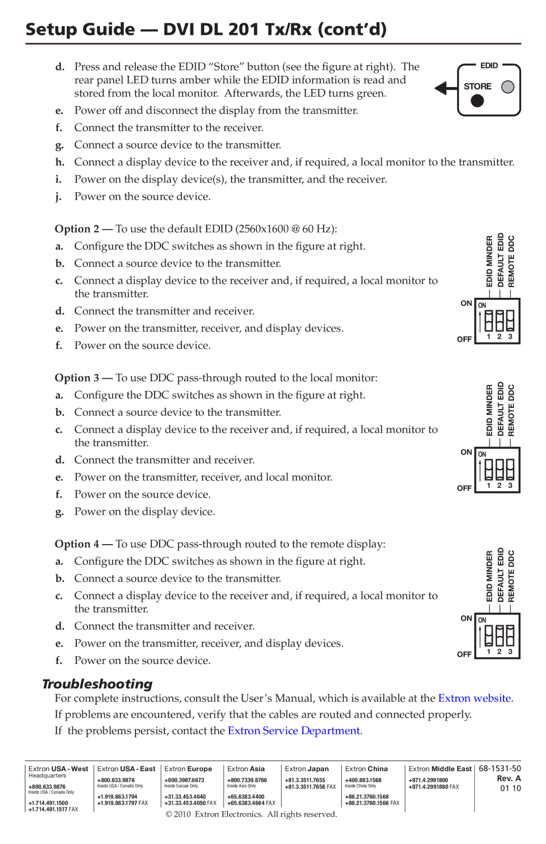 Extron electronic DVI DL 201 Rx, DVI DL 201 TX/RX setup guide Setup Guide -­ DVI DL 201 Tx/Rx cont’d, Troubleshooting 