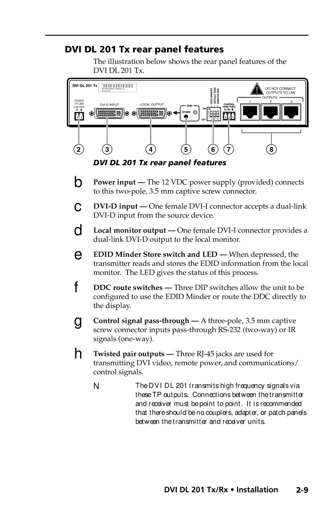 Extron electronic DVI DL 201 Rx user manual DVI DL 201 Tx rear panel features 