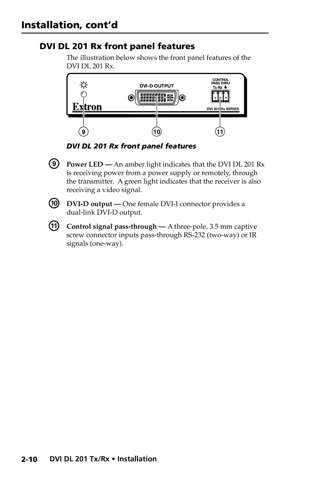 Extron electronic DVI DL 201 Tx user manual DVI DL 201 Rx front panel features 