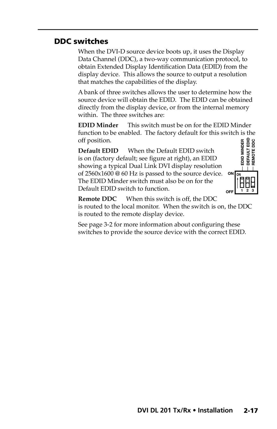 Extron electronic DVI DL 201 Rx, DVI DL 201 Tx user manual DDC switches, Off position 