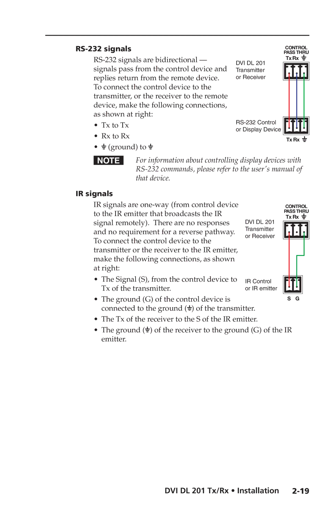 Extron electronic DVI DL 201 Rx user manual RS-232 signals, Tx to Tx Rx to Rx Ground to, IR signals, Tx of the transmitter 