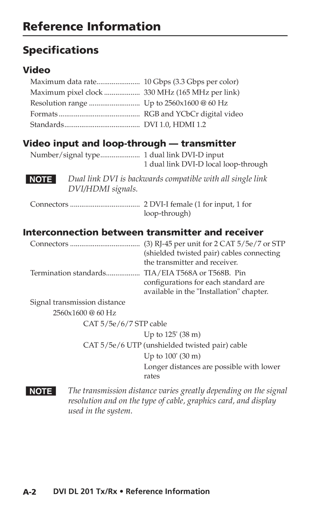 Extron electronic DVI DL 201 Tx Reference Information, Specifications, Video input and loop-through transmitter 