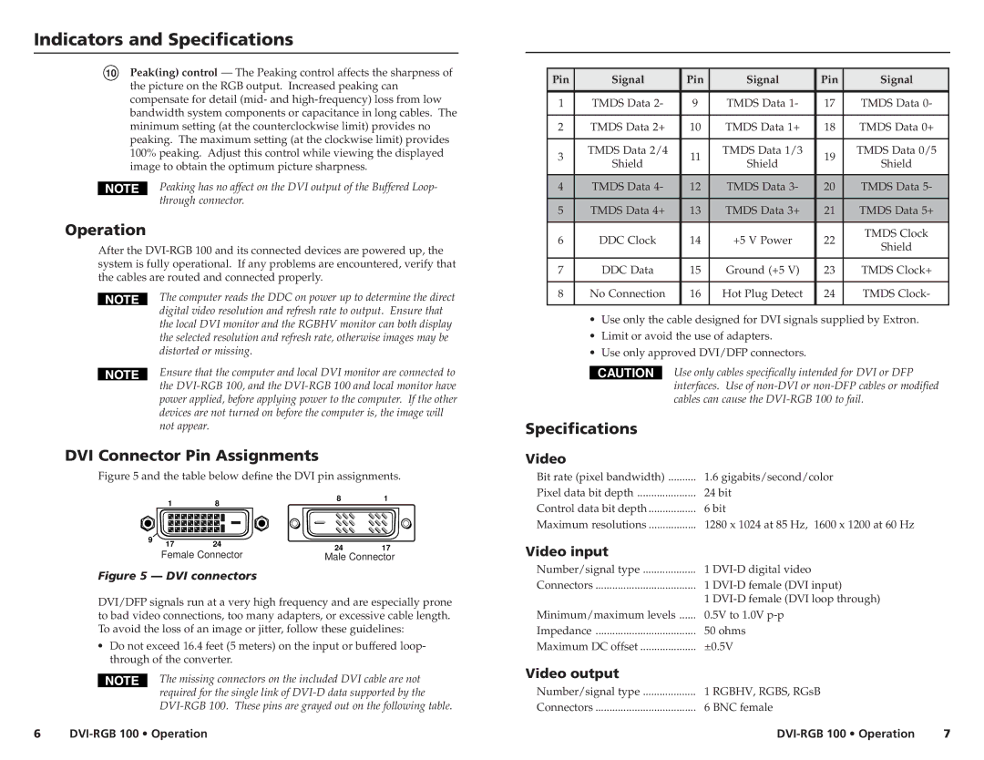 Extron electronic DVI-RGB 100 manual Indicators and Specifications, Operation, DVI Connector Pin Assignments 