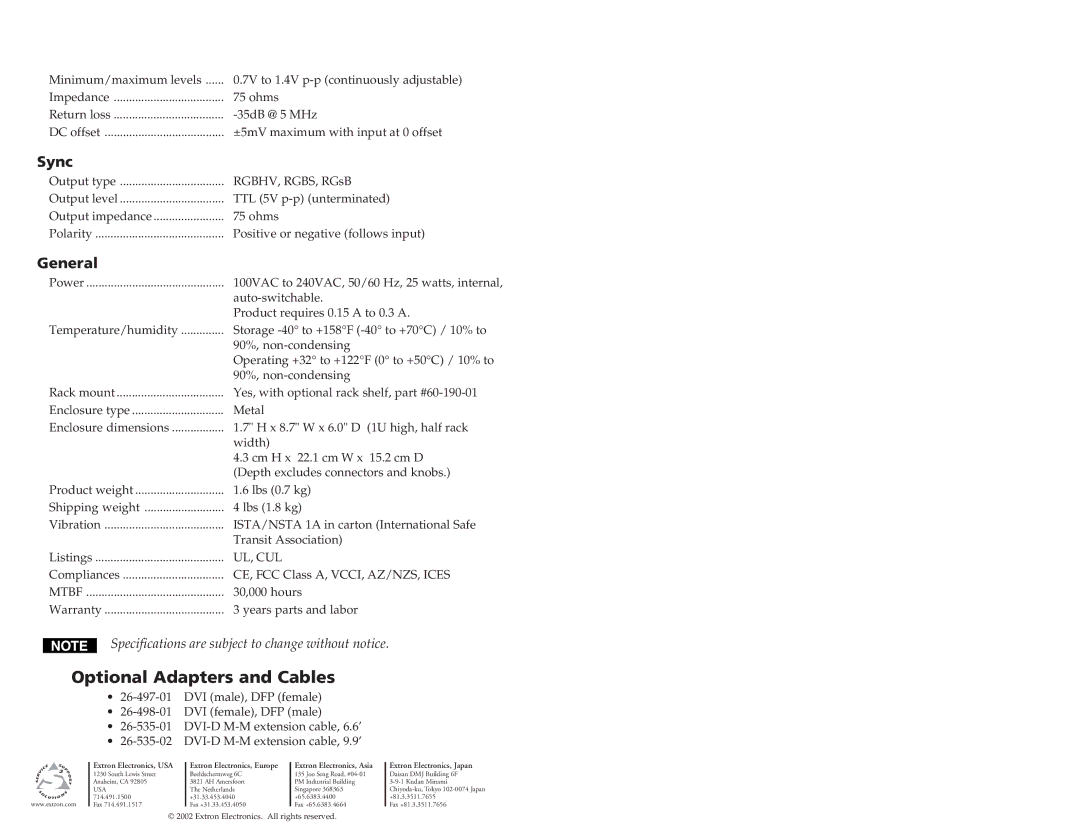 Extron electronic DVI-RGB 100 manual Optional Adapters and Cables, Sync, General 