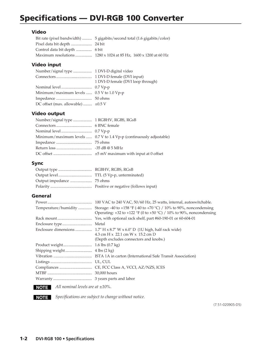 Extron electronic specifications Specifications DVI-RGB 100 Converter 