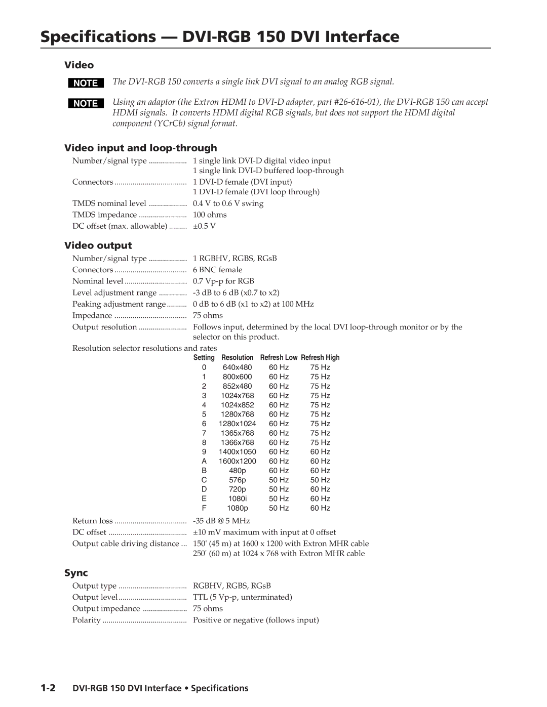 Extron electronic specifications Specifications DVI-RGB 150 DVI Interface, Video input and loop-through, Sync 