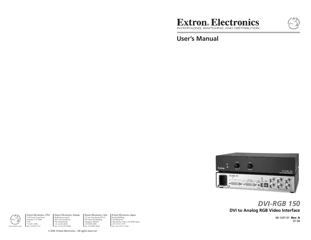 Extron electronic DVI-RGB 150 user manual Dvi-Rgb, DVI to Analog RGB Video Interface 