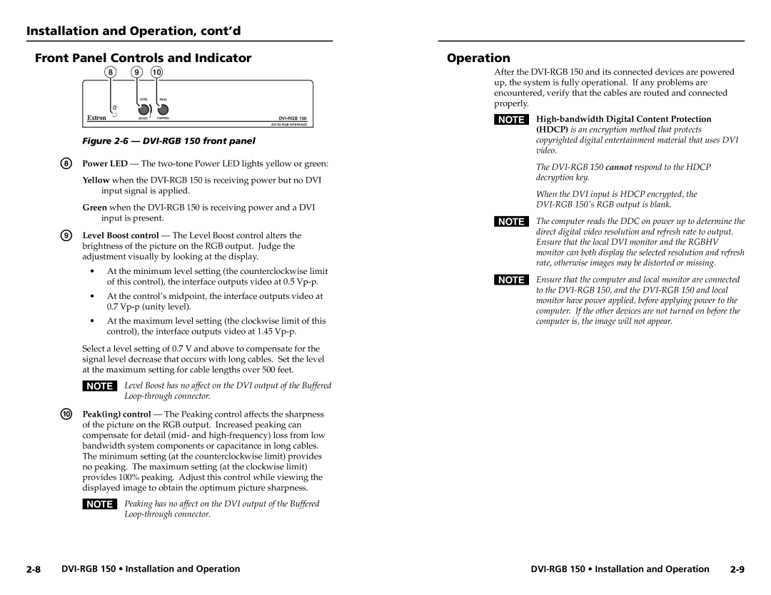 Extron electronic user manual Operation, DVI-RGB 150 front panel 