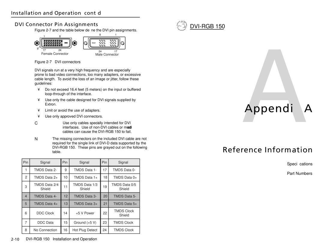 Extron electronic DVI-RGB 150 user manual AAppendix a, Reference Information 