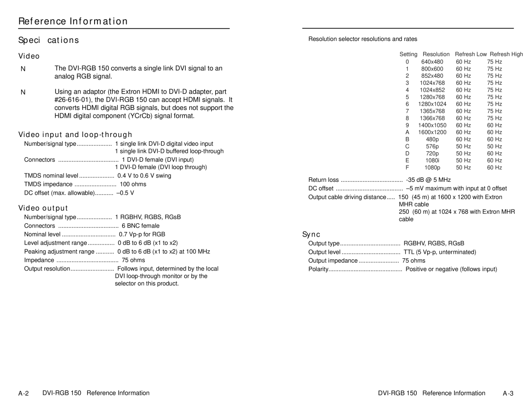 Extron electronic DVI-RGB 150 user manual Reference Information, Speciﬁcations 