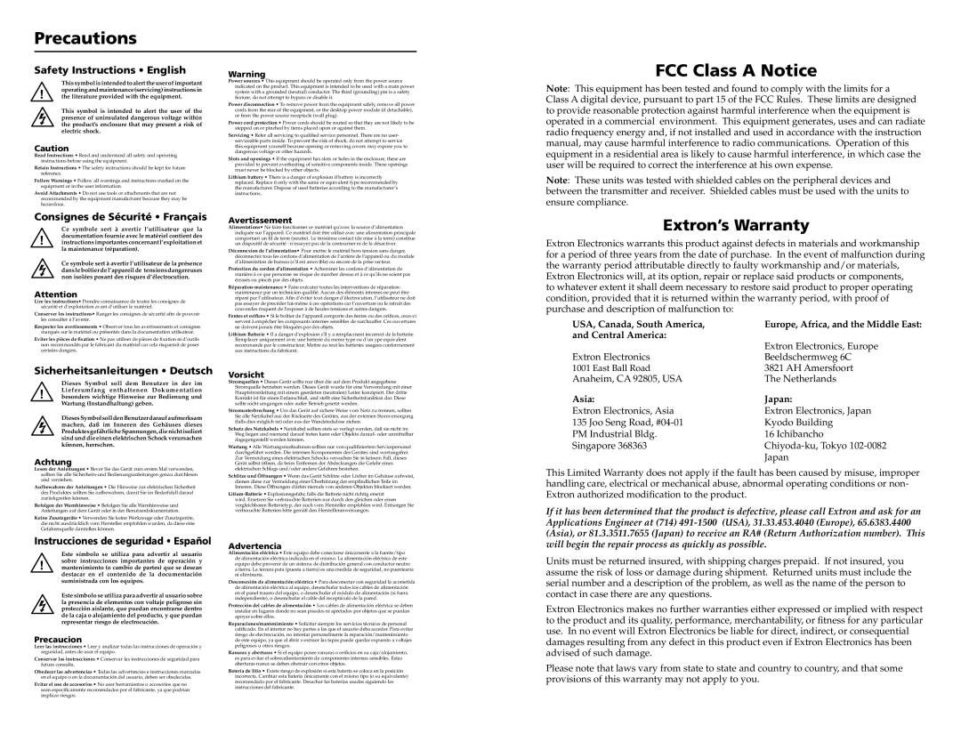 Extron electronic DVI-RGB 150 user manual Precautions, FCC Class a Notice, Extron’s Warranty 