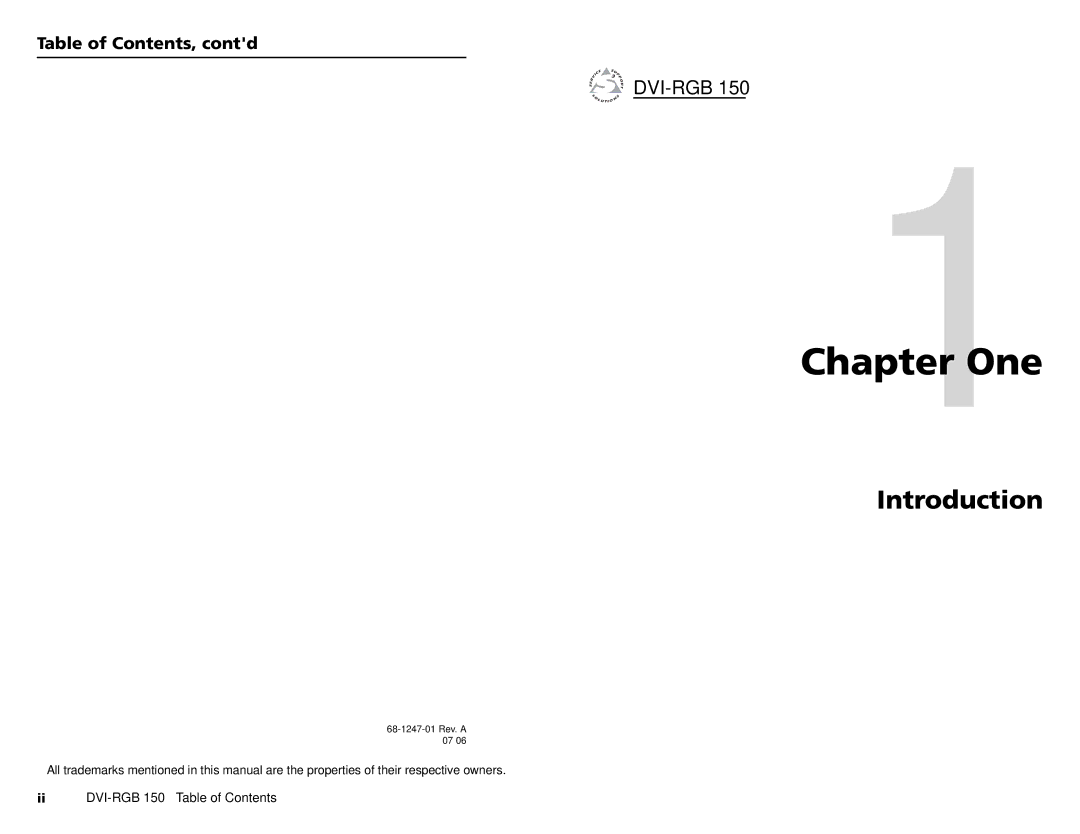 Extron electronic DVI-RGB 150 user manual One, Introduction, Dvi-Rgb, Table of Contents, contd 