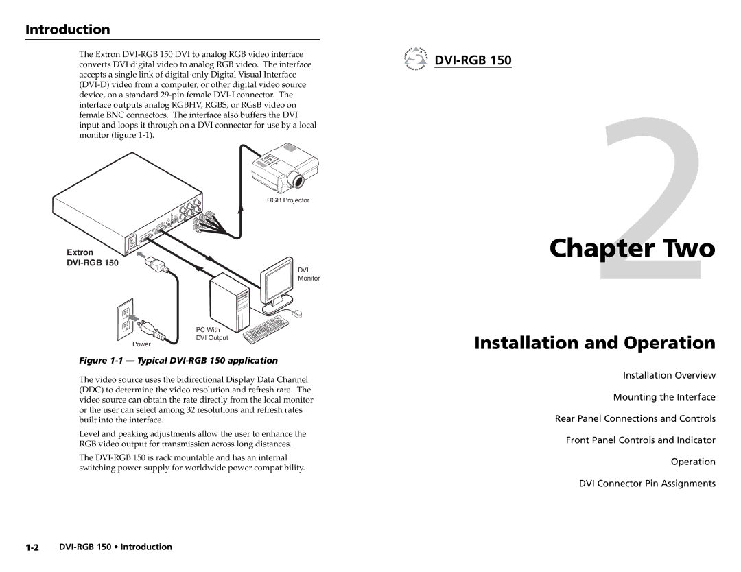 Extron electronic DVI-RGB 150 user manual Chapter Two, Installation and Operation, Introduction 