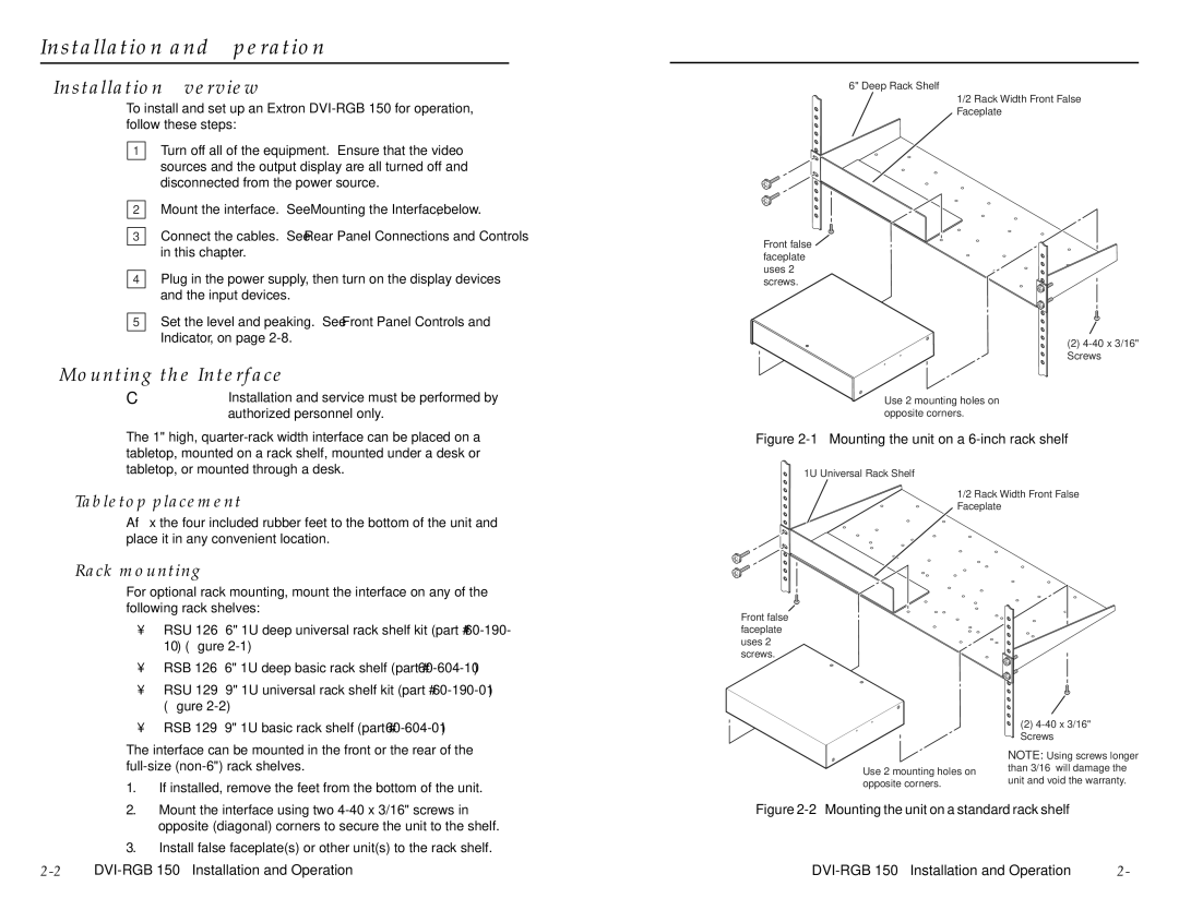 Extron electronic DVI-RGB 150 Installation and Operation, Installation Overview, Mounting the Interface, Rack mounting 