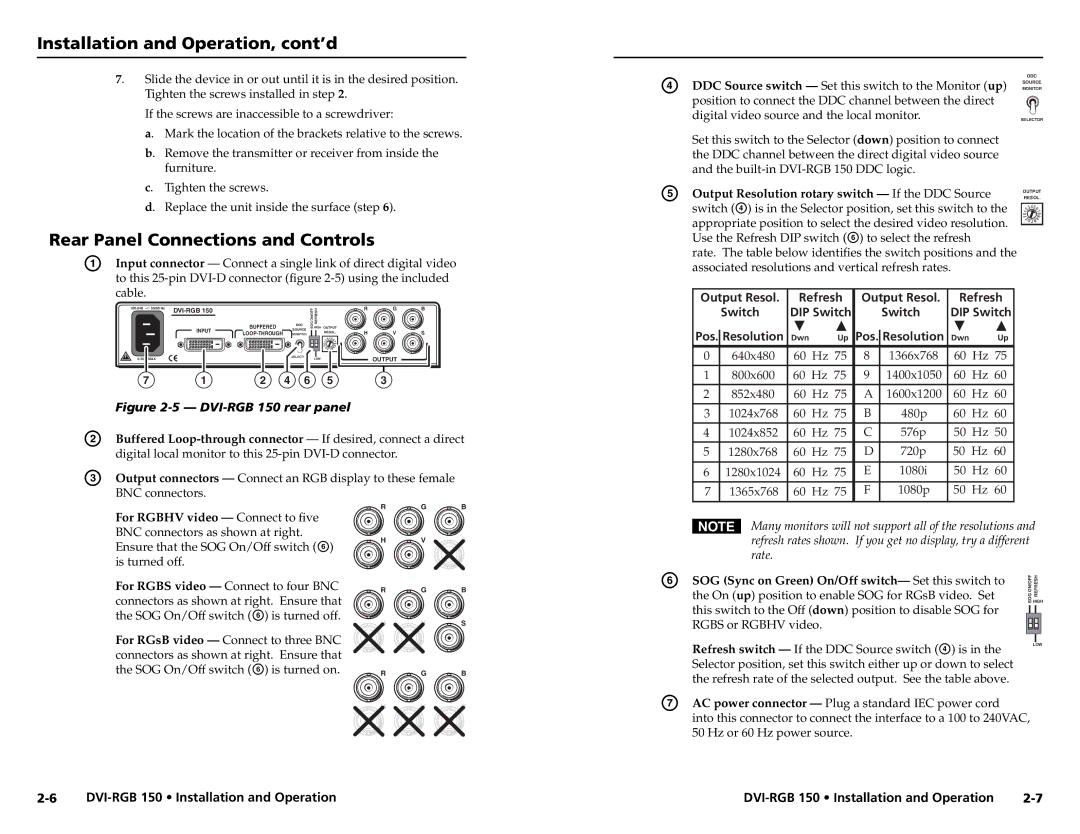 Extron electronic DVI-RGB 150 Rear Panel Connections and Controls, Output Resolution rotary switch If the DDC Source 