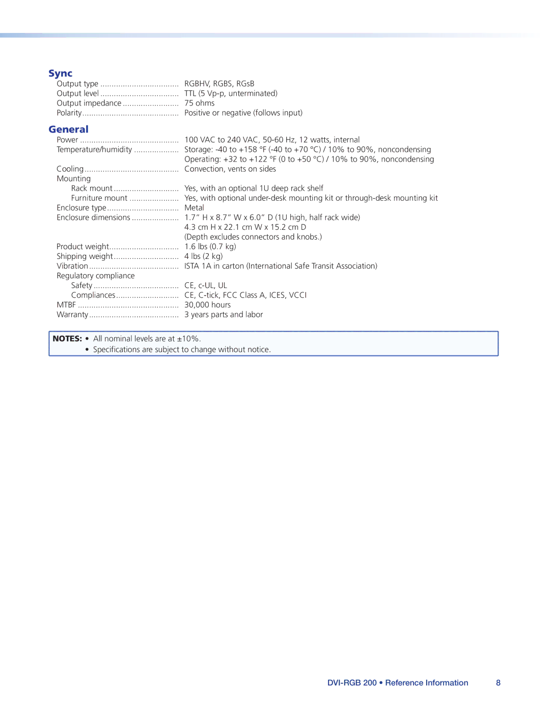 Extron electronic DVI-RGB 200 manual Sync 