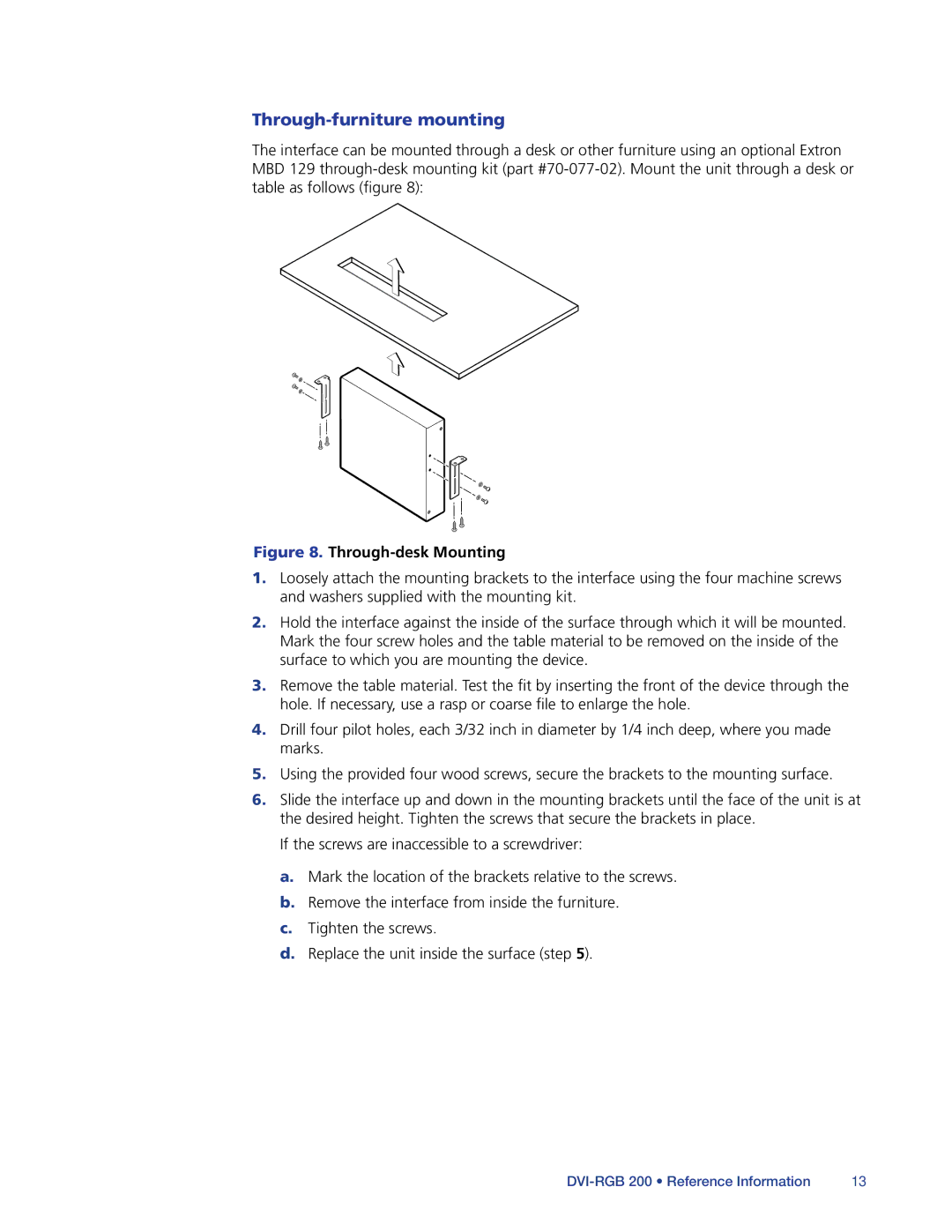 Extron electronic DVI-RGB 200 manual Through-furniture mounting, Through-desk Mounting 