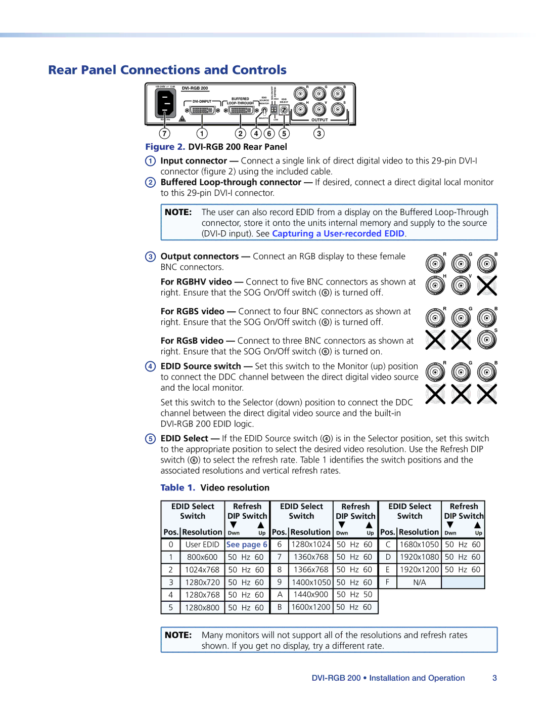 Extron electronic DVI-RGB 200 manual Rear Panel Connections and Controls, Video resolution 