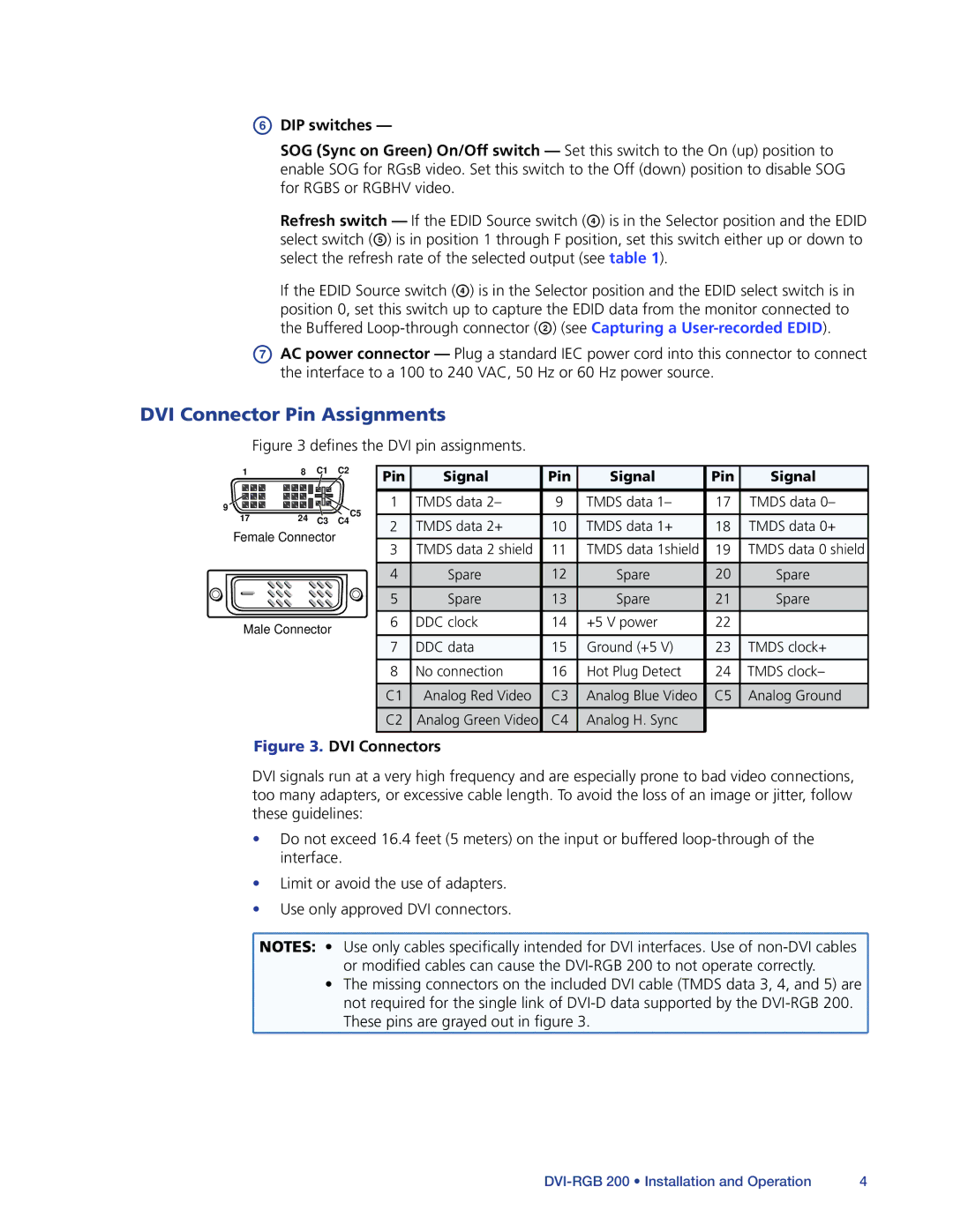 Extron electronic DVI-RGB 200 manual DVI Connector Pin Assignments, DIP switches 