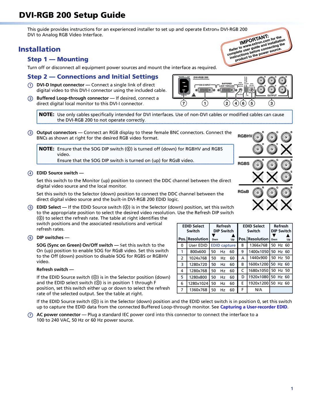 Extron electronic DVI-RGB 200 setup guide Installation, Edid Source switch, DIP switches, Refresh switch 