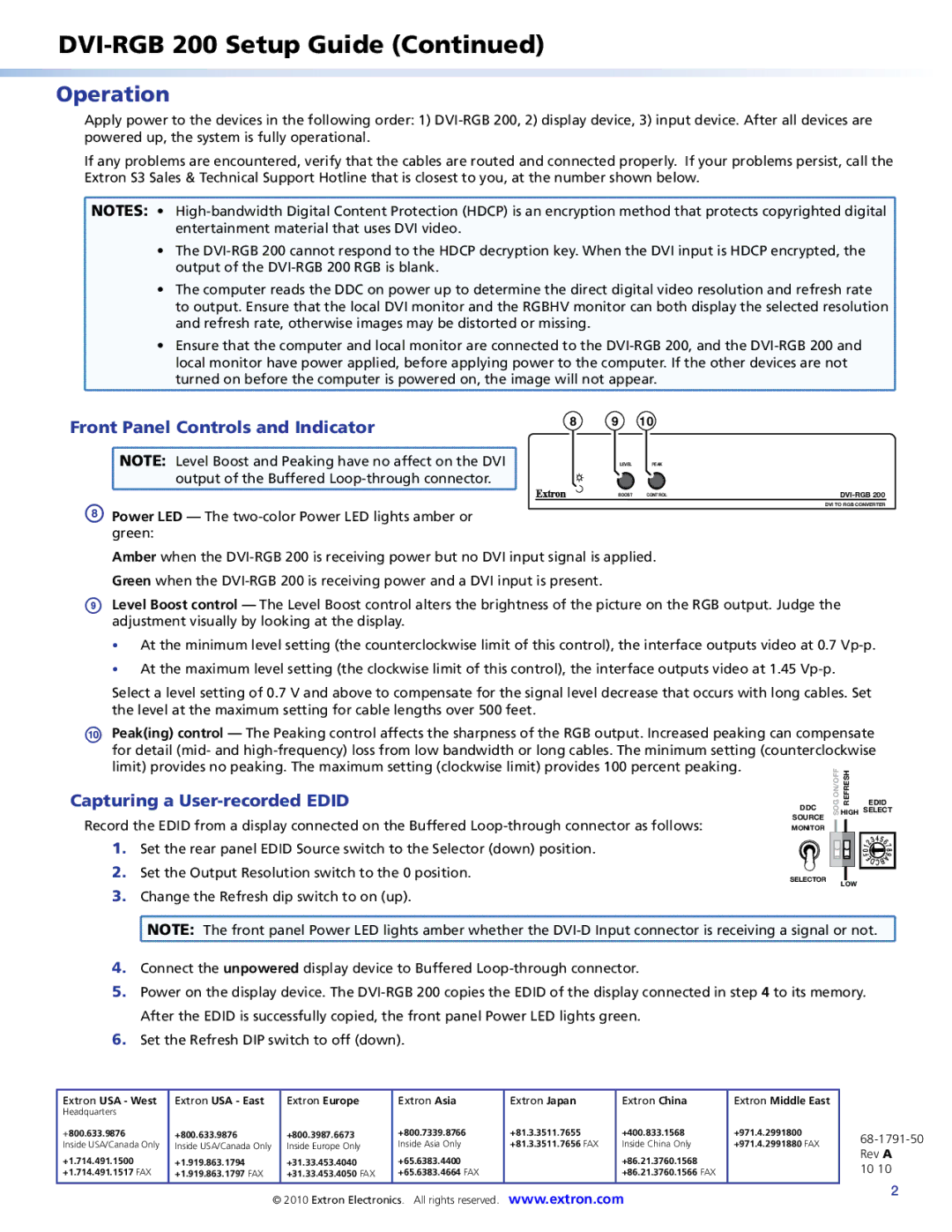 Extron electronic DVI-RGB 200 setup guide Operation, Front Panel Controls and Indicator, Capturing a User-recorded Edid 