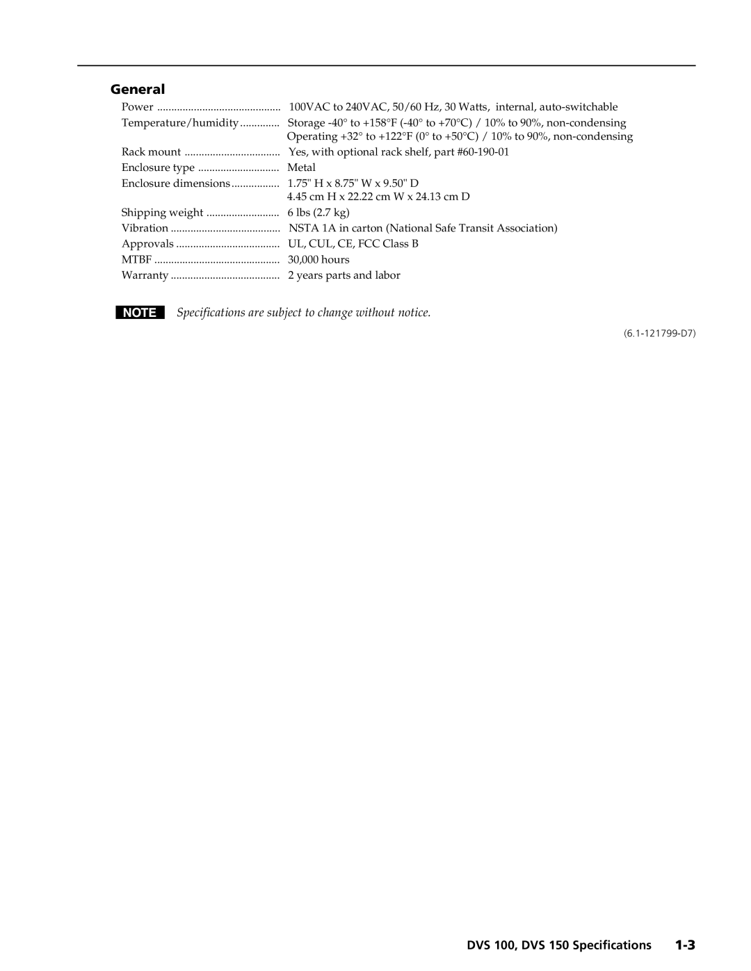 Extron electronic DVS 100 specifications General, Mtbf 