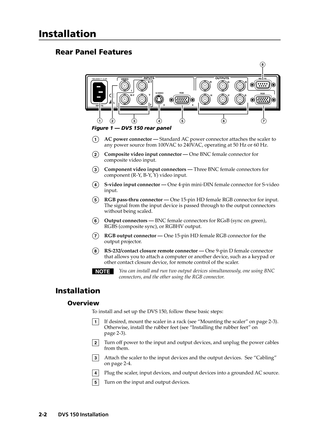 Extron electronic manual Rear Panel Features, Overview, DVS 150 Installation 