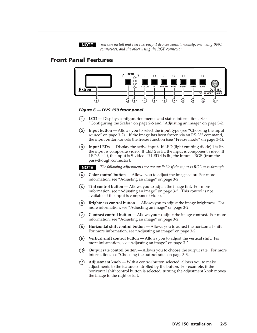 Extron electronic manual Front Panel Features, DVS 150 front panel 