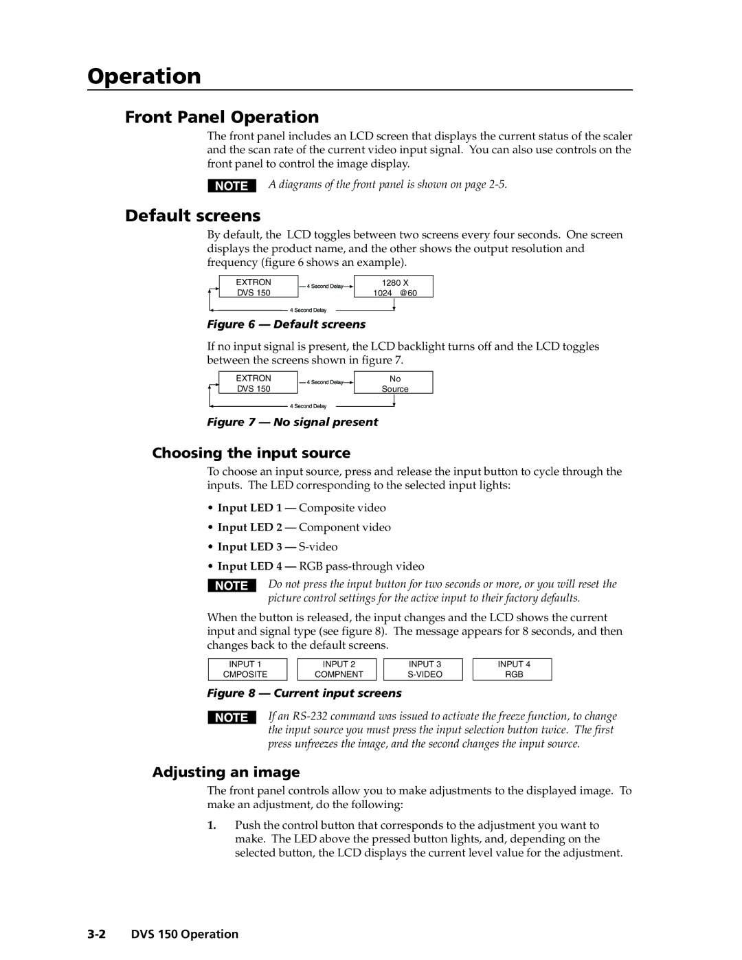 Extron electronic DVS 150 manual Front Panel Operation, Default screens, Choosing the input source, Adjusting an image 