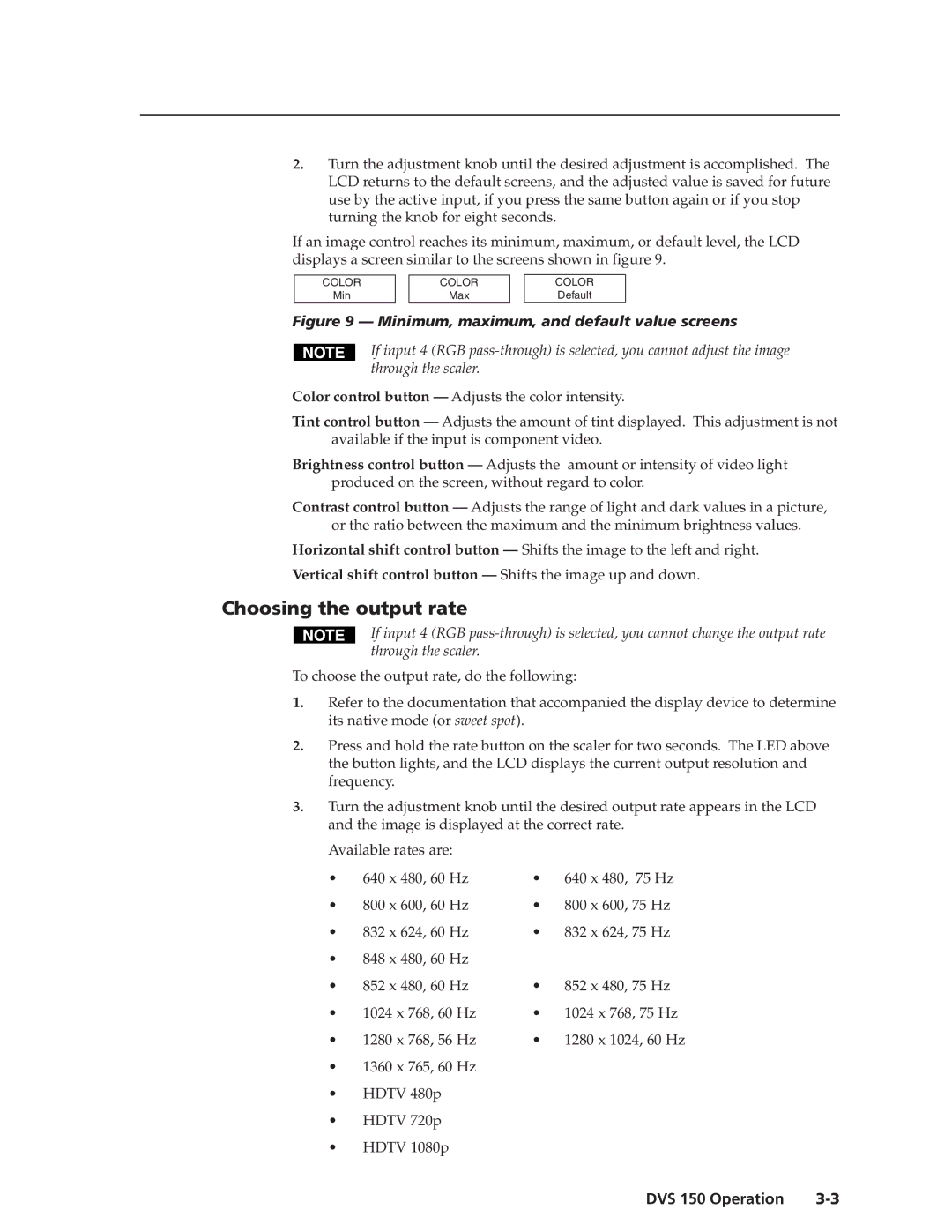 Extron electronic DVS 150 manual Choosing the output rate, Minimum, maximum, and default value screens 