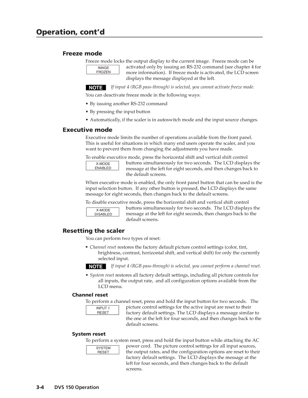 Extron electronic DVS 150 manual Freeze mode, Executive mode, Channel reset, System reset 