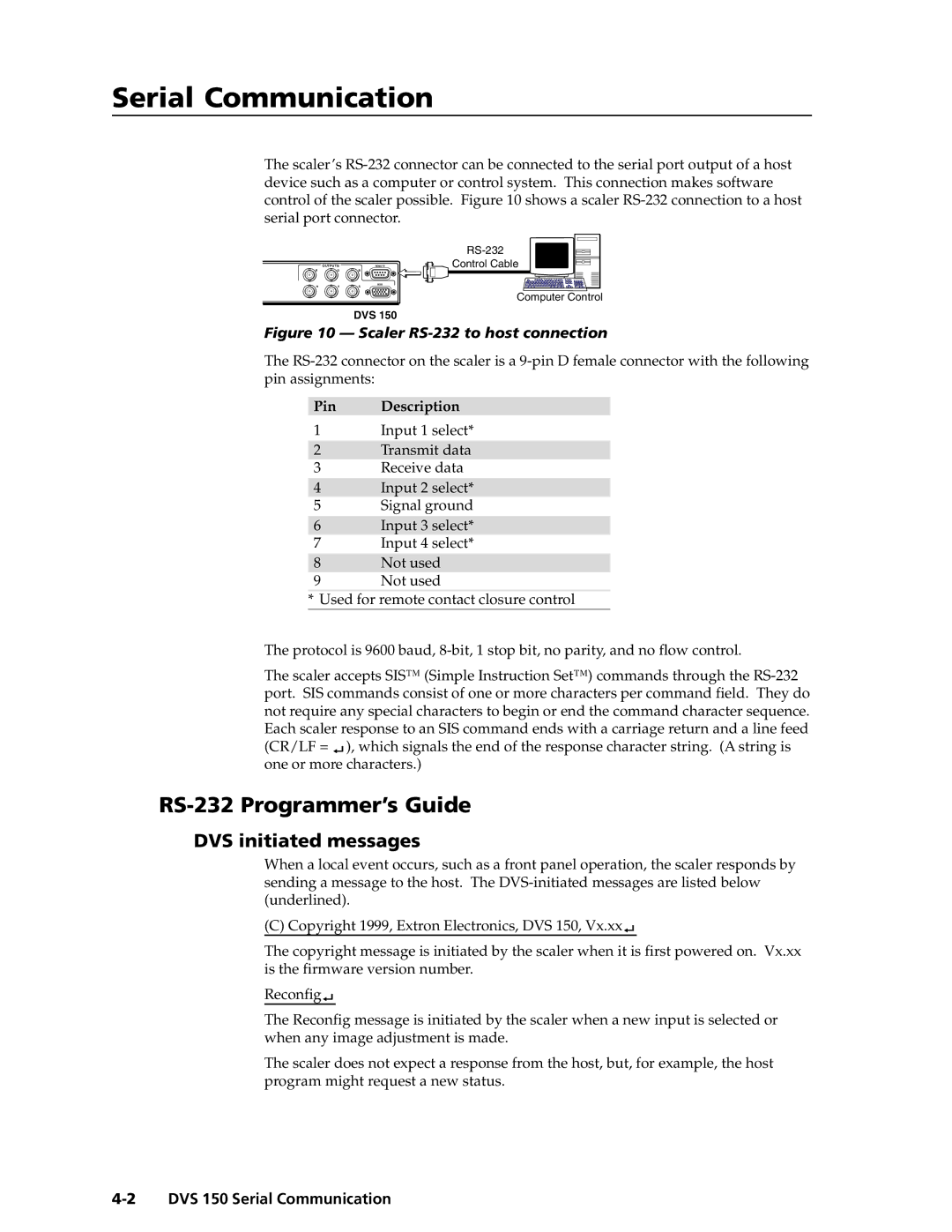 Extron electronic DVS 150 manual Serial Communication, RS-232 Programmer’s Guide, DVS initiated messages 