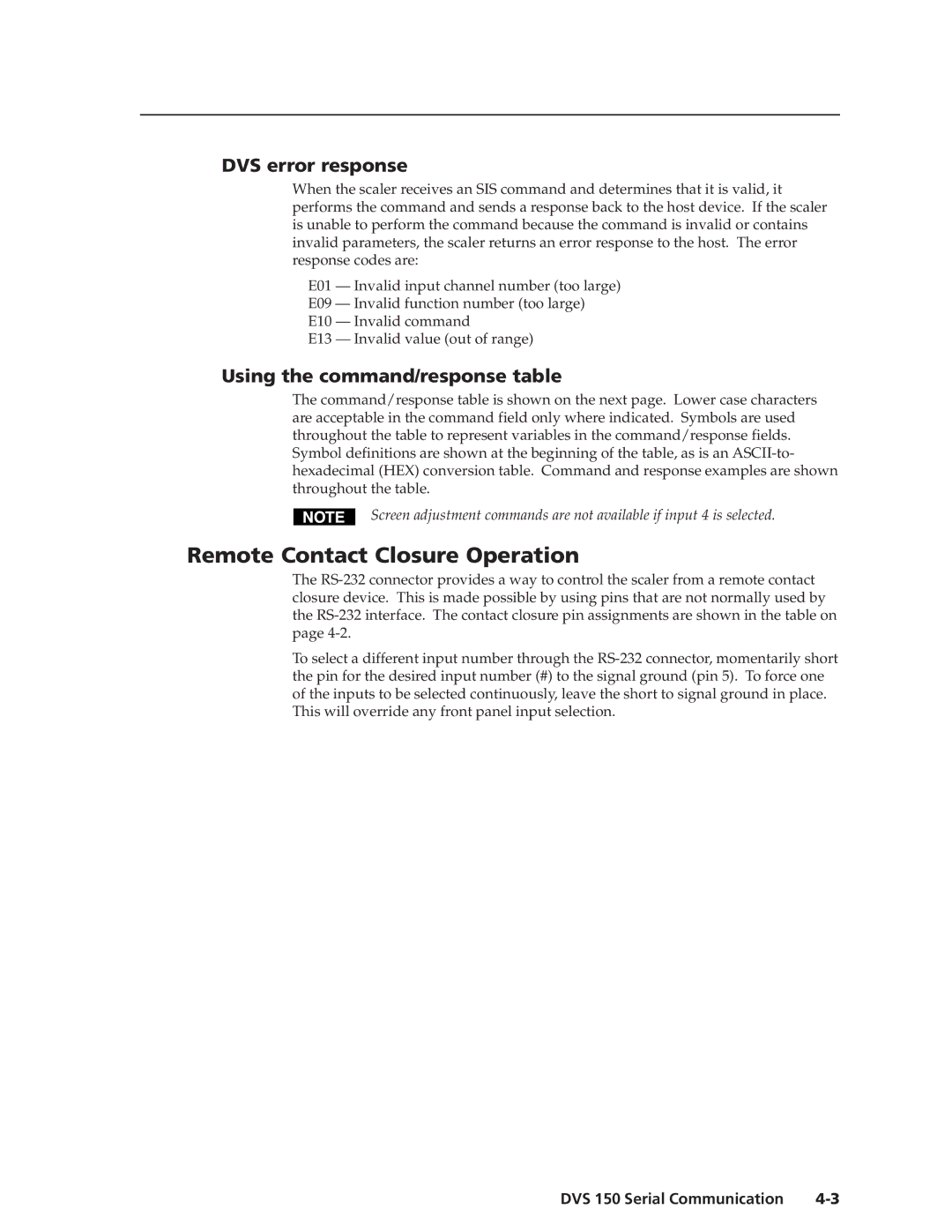 Extron electronic DVS 150 manual Remote Contact Closure Operation, DVS error response, Using the command/response table 